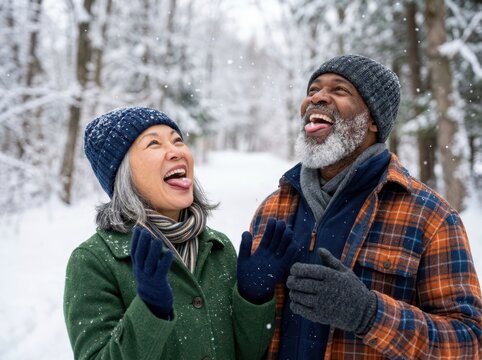 Joyful elderly couple laughing with open mouths while catching falling snowflakes on their tongues in a forest.