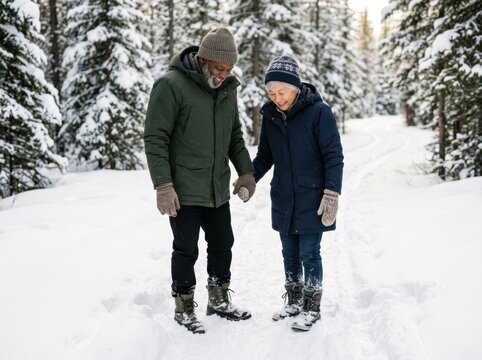 Senior man and woman holding hands while walking along a snowy forest path, looking down at their winter boots.