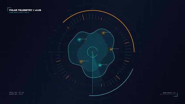 Futuristic polar telemetry HUD interface with rotating radar sweep and data points