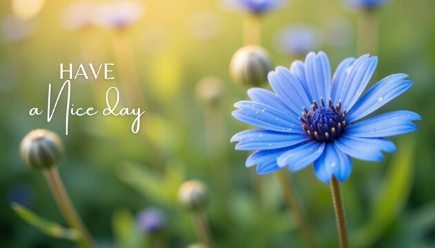 Have a Nice Day inscription - cornflower with fresh dew drops glowing in warm sunlight, soft bokeh.