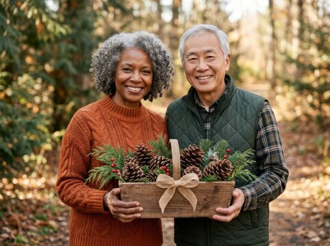 Senior couple holding a wooden crate box filled with evergreen pine branches and pine cones in an autumn park.