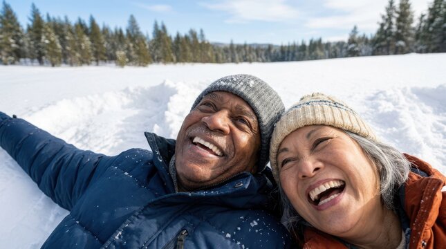 Senior couple lying side by side in deep snow and making snow angels with open arms on a cold winter day.