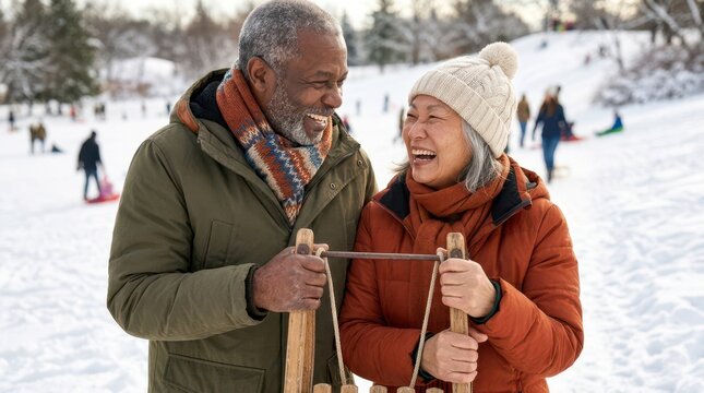 Smiling elderly couple standing together outdoors and holding a classic wooden sled on a snowy hill.