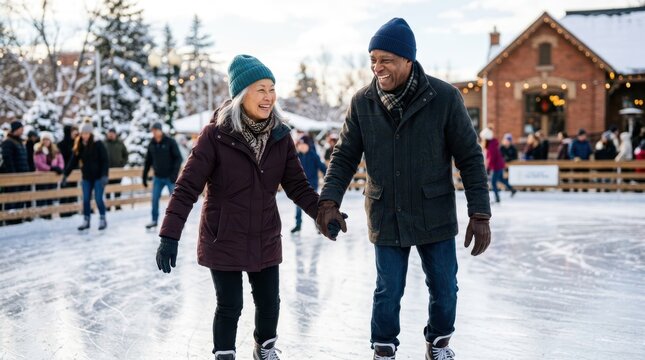 Happy senior couple holding hands while ice skating together on an outdoor frozen rink in winter.