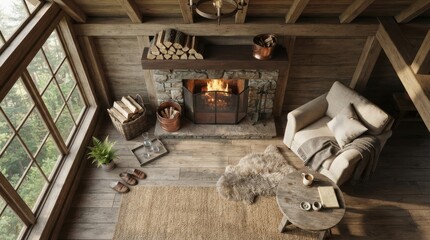 Obraz premium Cozy rustic living room interior with fireplace and armchair