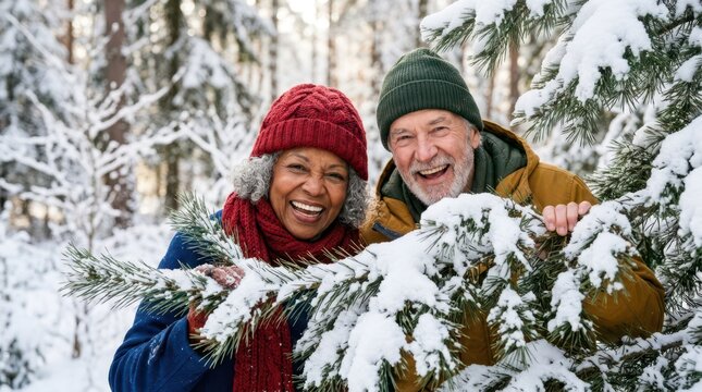 Senior man and woman peeking out and smiling behind a snowy pine branch in a winter forest setting.