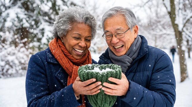 Senior couple smiling while holding a knitted green bowl to catch falling snow outdoors in a forest.