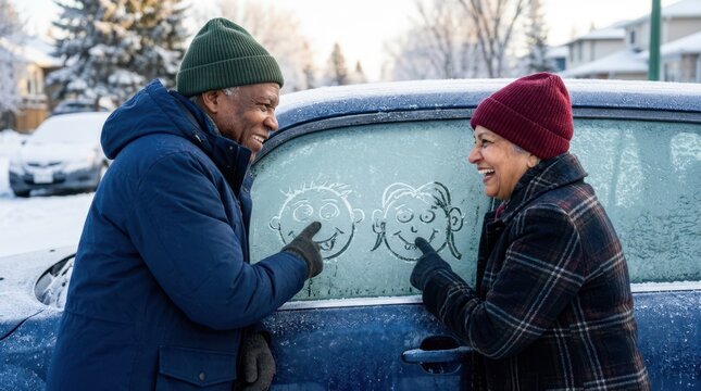Senior couple playfully drawing cute smiley faces on a frosty snow-covered car window on a cold morning.