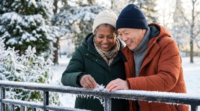 Senior couple leaning over a snowy wooden railing to examine intricate frost patterns on a cold day.
