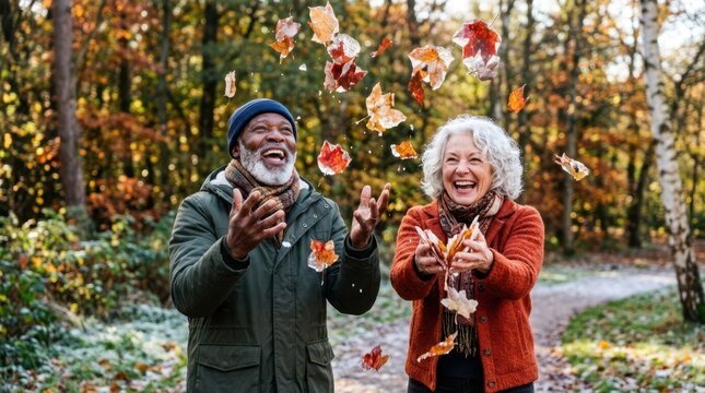 Happy senior couple laughing and tossing colorful autumn leaves up in the air in a forest park.