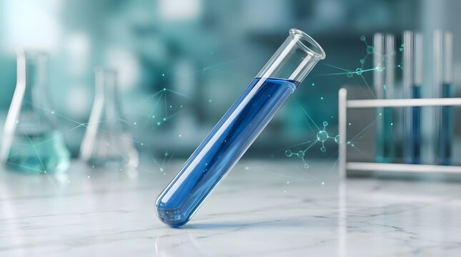 A single glass test tube containing blue liquid as a professional medical instrument for scientific laboratory research