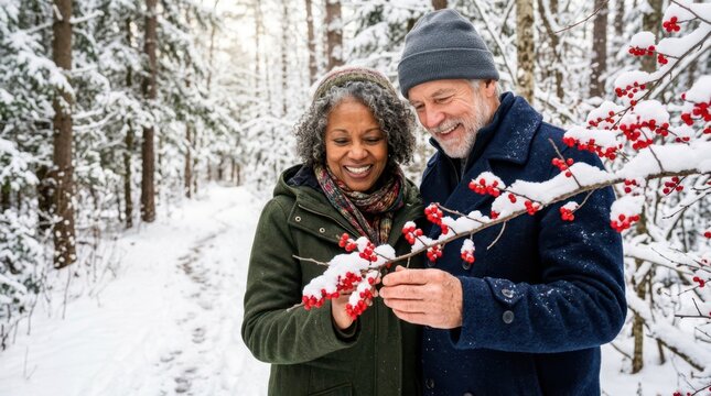 Senior couple admiring bright red winter berries covered in snow on a tree branch in a snowy forest.