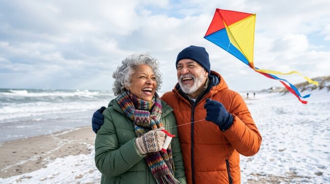 Senior couple holding a colorful paper kite string while walking on a cold snowy beach in winter.