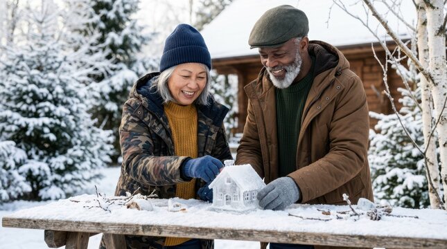 Senior couple placing a small ice model of a house onto a wooden table outside in a snowy backyard.