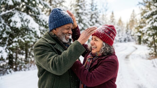 Senior man tenderly dusting fresh snow off his smiling wife's hat while walking on a snowy forest trail.
