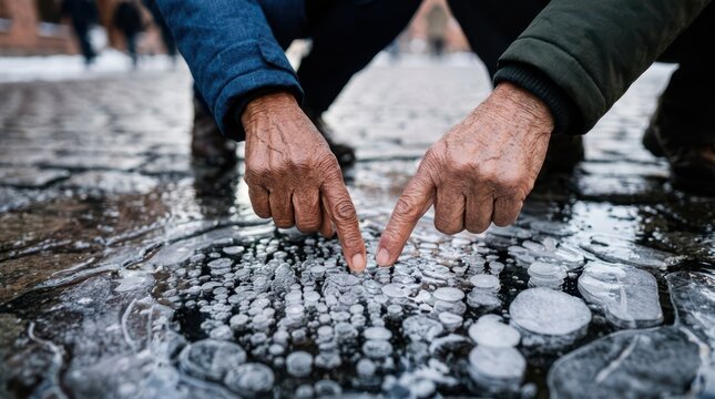 Senior couple crouching down and pointing at crystal frozen ice bubbles on the surface of a frozen puddle.