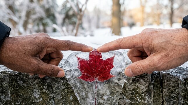 Close-up of senior hands gently touching a bright red maple leaf encased inside a clear block of ice.
