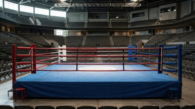 Boxing ring in empty stadium arena