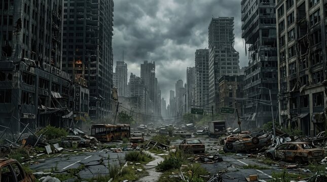 Ruined city street with destroyed buildings and abandoned vehicles