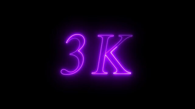 Glowing Purple Neon 3K Followers Social Media Milestone Celebration Text Overlay Animation Isolated on Dark Black Background - Futuristic 3000 Subscribers Achievement Counter Graphic Element