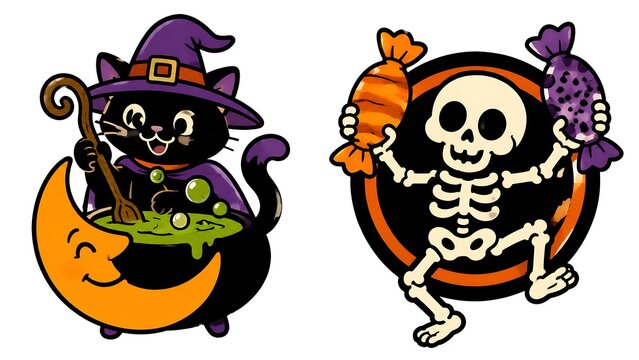 Witch cat making potion in cauldron and skeleton holding halloween sweets with halloween skeleton cauldron illustration character celebration creature supernatural elements collection