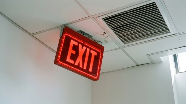 Illuminated red exit sign hanging from a drop ceiling