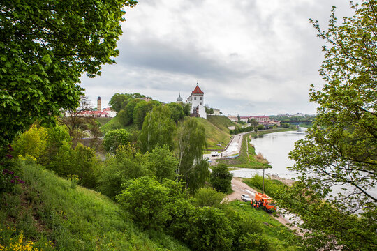 Picturesque landscape with the Old Castle, fire tower, Gorodnichanka River and Neman River. Grodno. Republic of Belarus