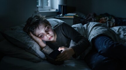Fototapeta premium Tired boy lying in bed using smartphone at night