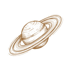 Detailed sepia ink illustration of the planet saturn with rings astronomy universe illustration astrophysics celestial astronomical research exploration monochrome scientific planetoid © Ruji apu