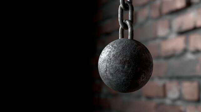 Heavy metal ball and chain hanging against a dark brick wall background symbolizing imprisonment