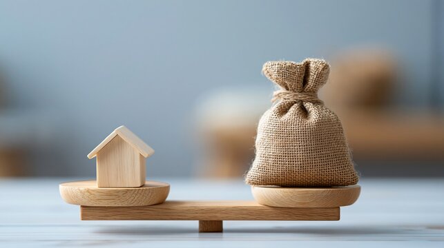 Small wooden house balanced on a scale against a burlap sack of money symbolizing financial value comparison