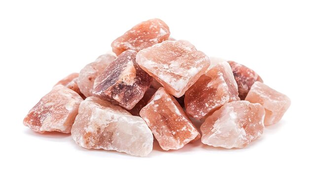 Pile of raw, rough, pinkish-orange mineral chunks, possibly coarse salt crystals, isolated on white