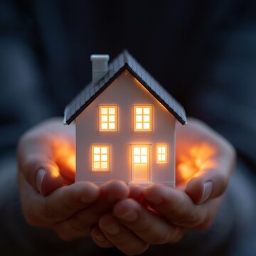 Pair of hands gently holding a miniature white house with glowing yellow windows and a dark roof against a blurred dark background.