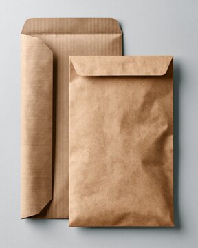 Blank Kraft Mailer and Unbranded Paper Sleeve on Light Gray Surface