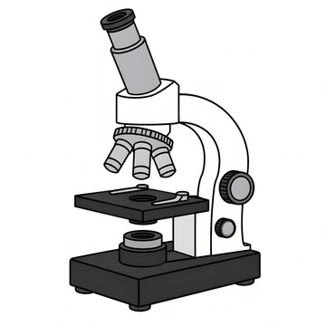 A clean cartoon illustration of a laboratory scientific microscope isolated on white background. Suitable for biology textbooks, research laboratory banners, and science experiment guides.