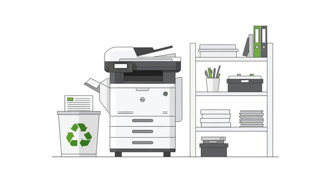 Modern Office Photocopier Machine with Recycling Bin and Organized Storage Shelves Illustration - Sustainable Workplace and Document Management Concept