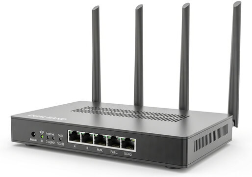 Black wireless internet router with four antennas