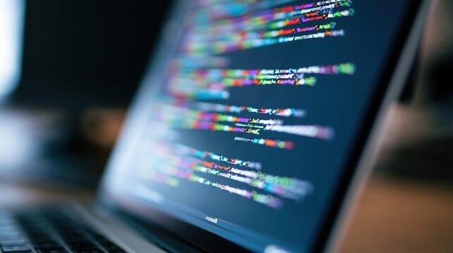 Close-up of laptop screen displaying colorful programming code lines with blurred keyboard in foreground