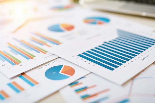 Colorful business charts and graphs printed on white paper scattered across a desk with soft lighting