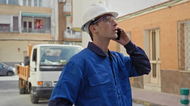 Man builder in hardhat and safety glasses holds smartphone to ear and looks upward by parked truck on street; focus.