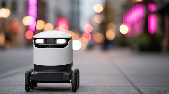 Autonomous delivery robot navigating city street at night with colorful blurred lights in background