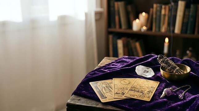 Tarot cards with crystal and candles on purple velvet cloth near window with bookshelf, suitable for divination, spirituality, and wellness content.