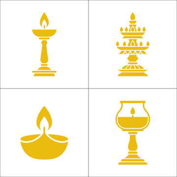 Set of Traditional Golden Indian Oil Lamp Icons for Diwali Festival Celebration and Spiritual Rituals