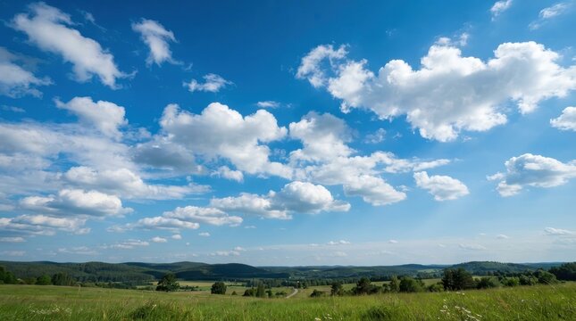 Green meadow landscape with rolling hills under a blue cloudy sky