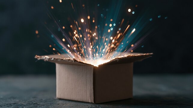 Cardboard box with glowing magical light and sparks bursting from inside against dark background