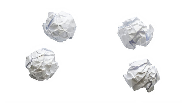 Four white crumpled paper balls isolated on transparent background for business concepts.