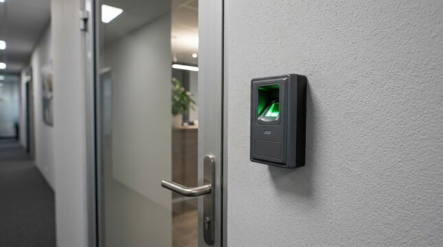 Biometric fingerprint scanner mounted on office door wall