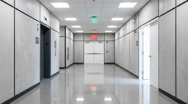 Modern industrial style office corridor with concrete walls