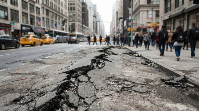 Cracked pavement on a busy city street with pedestrians and traffic