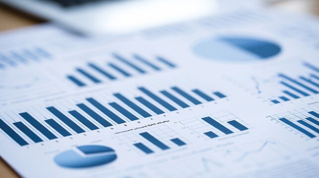 Close-up view of printed business financial reports displaying blue bar graphs and pie charts on white paper